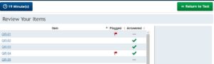 ProProctor Review page. Abbreviated and showing questions that are flagged and unanswered, answered, flagged and answered, and unanswered.