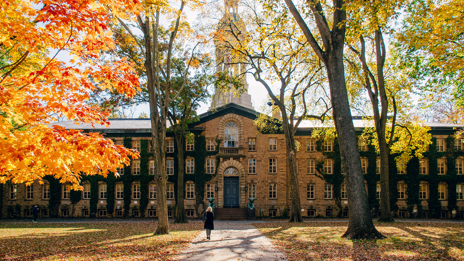 Person walking on a pathway to a stone university building