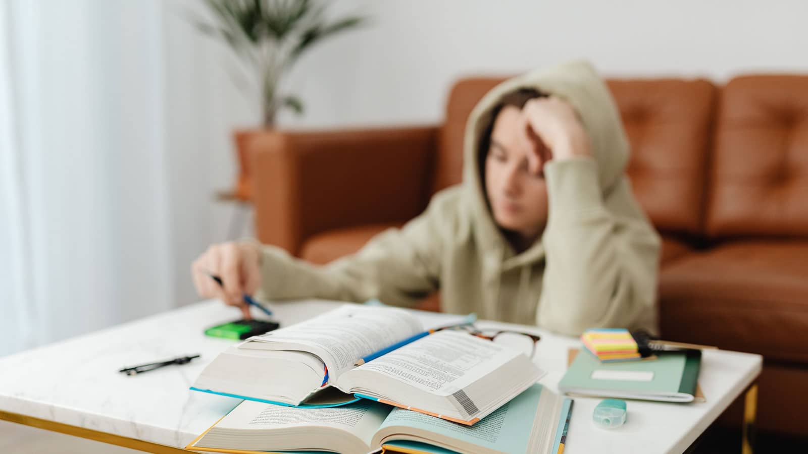 A Boy in Beige Hoodie Studying