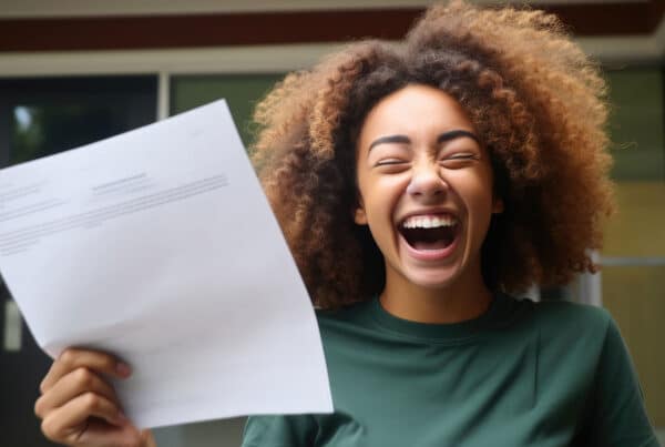 Ecstatic high school girl with eyes closed holding up a college acceptance letter