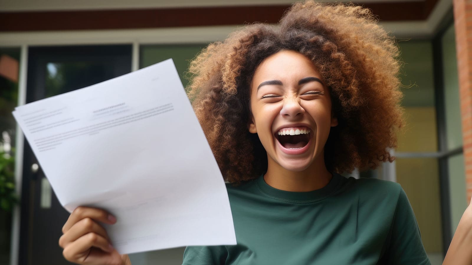 Ecstatic high school girl with eyes closed holding up a college acceptance letter